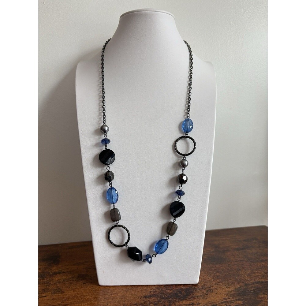 Beaded Necklace black, gray, and blue beads with Gunmetal hoop accents